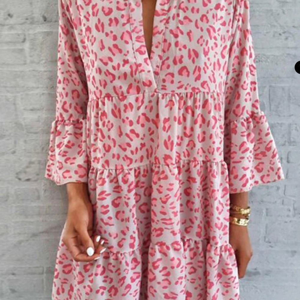 VChics Pink Leopard Printed Bell Sleeve A-line Dress - 2XL